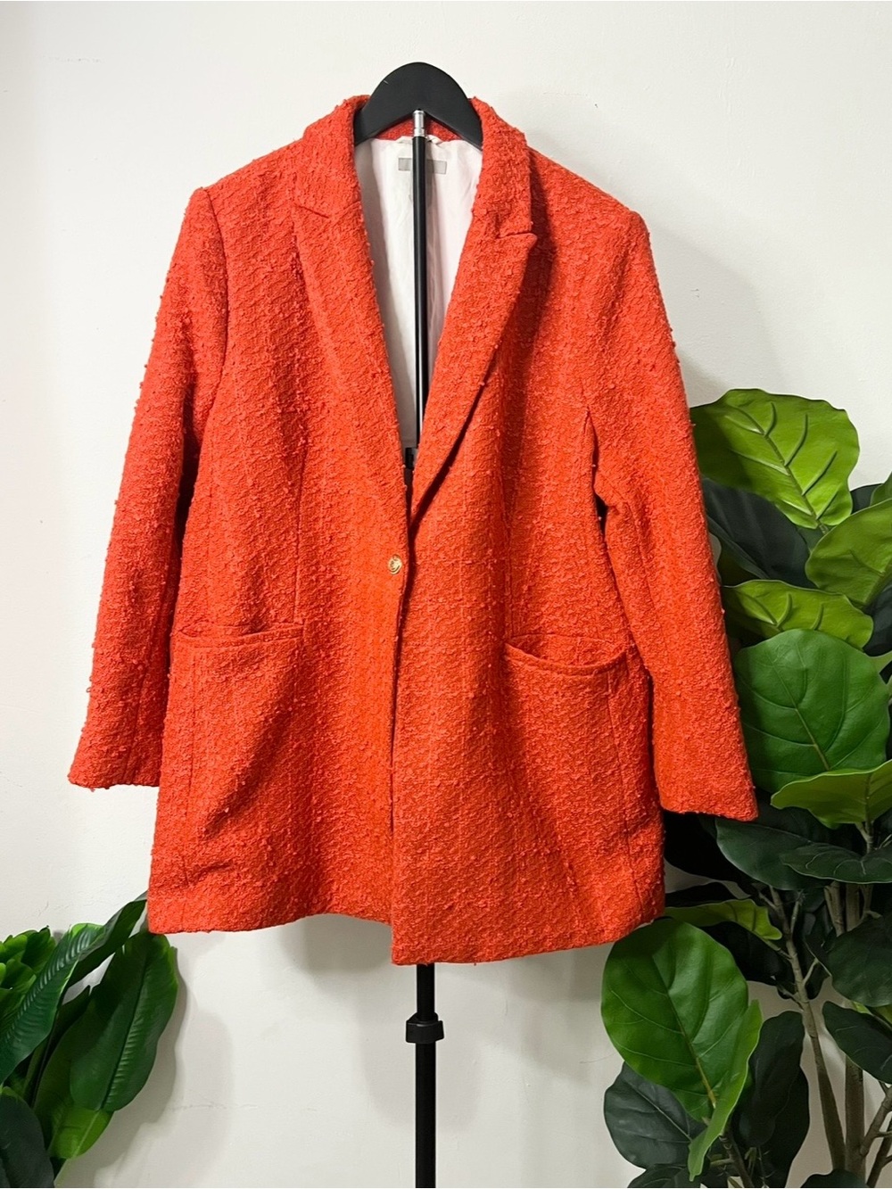 Red Bouclé Textured Longline Blazer Coat Gold Button Size 2X